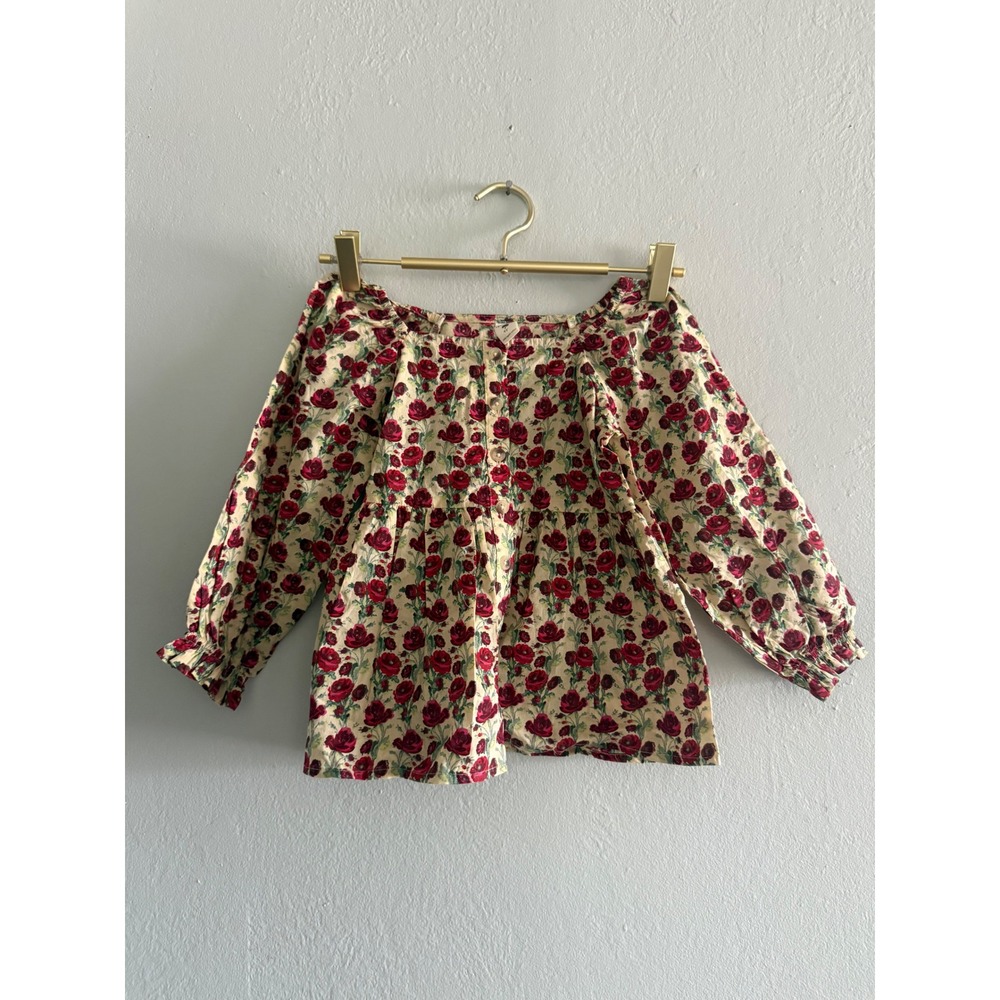 Kate Quinn Girls 4T Red Rose Floral Organic Cotton Peplum Blouse Top boho dainty